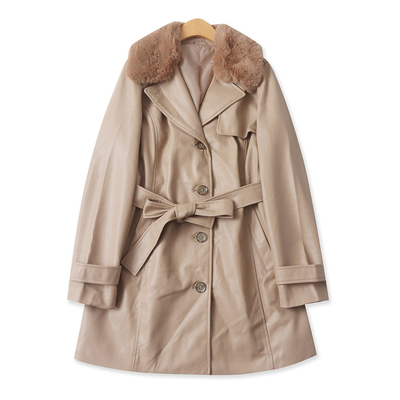 仿羊皮风衣外套 秋冬新款外贸女装西装毛领单排扣长袖中长款33210