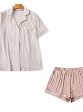 人棉家居服套装  夏季新款外贸女装翻领短袖开衫+松紧腰短裤31478