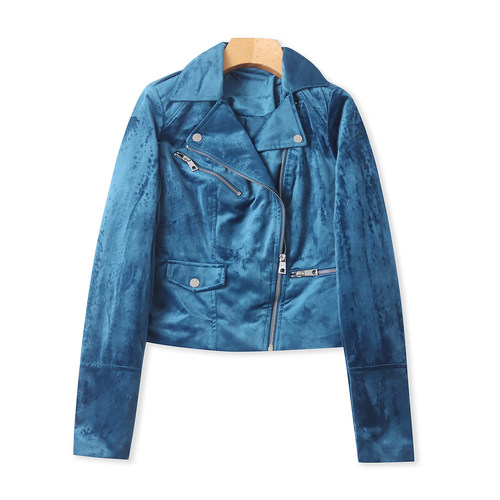 金丝绒机车服外套 春秋新款外贸女时尚修身翻领拉链长袖上衣33015