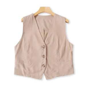 外贸女装 夏秋新款 简约百搭V领三粒扣休闲马甲32545 马甲 亚麻西装