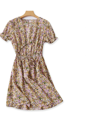 印花连衣裙  夏新款外贸女装时尚V领短袖露脐松紧腰套头短裙28531