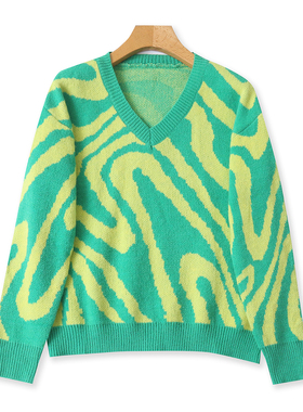 提花毛衣  春秋新款外贸女时尚减龄宽松V领套头长袖拼色毛衣32607