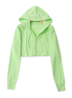 连帽短款T恤  春秋新款外贸女装时尚青春连帽领拉链长袖帽衫33576