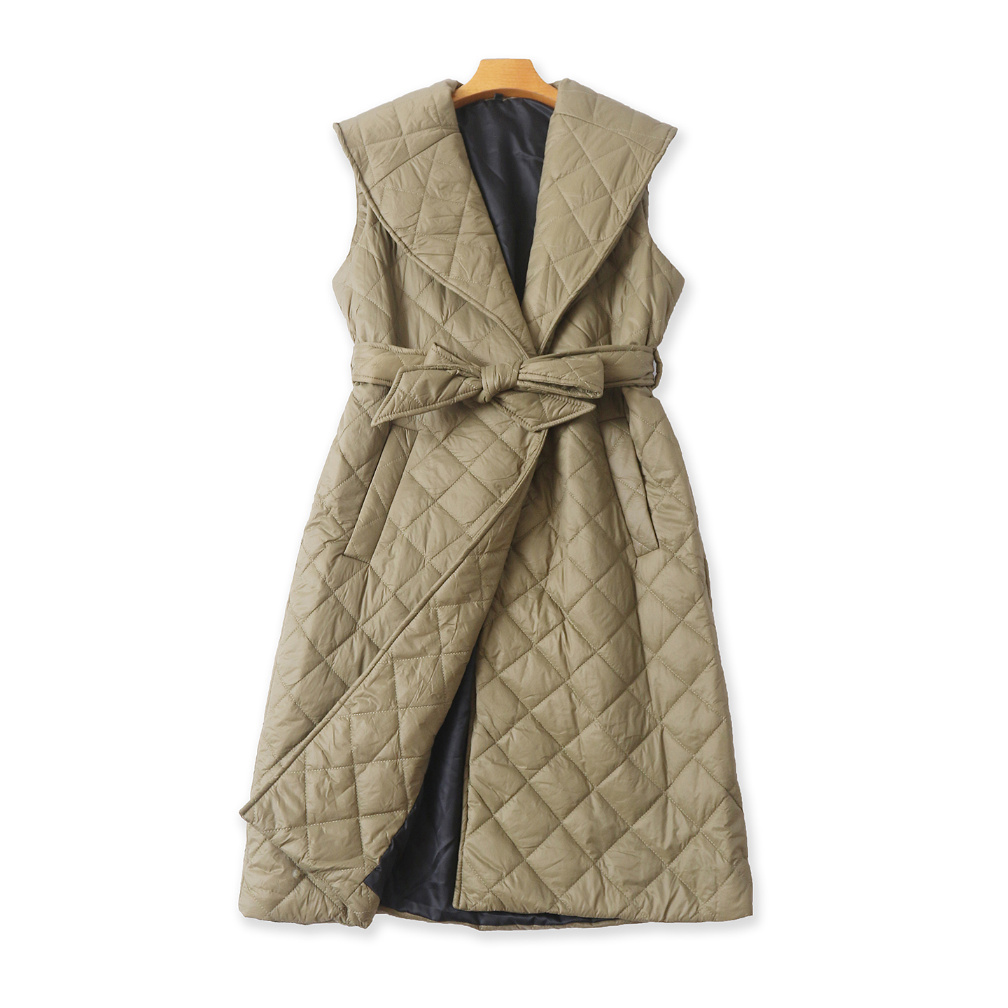 中长款棉马甲  秋冬新款外贸女装翻领无扣系带腰菱形格马甲32467