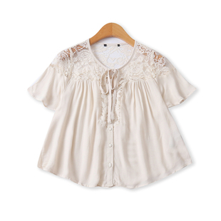 夏季 圆领系带单排扣飞飞短袖 新款 时尚 32808 外贸女装 蕾丝拼小衫