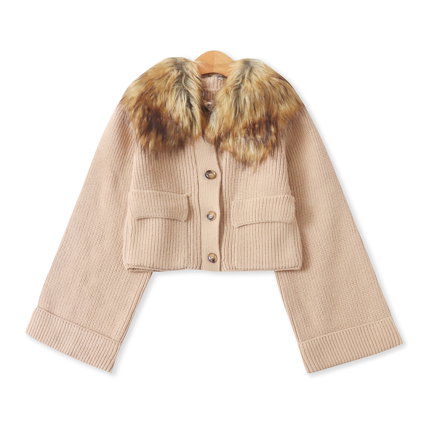 加厚开衫毛衣 冬季新款外贸女时尚毛领单排扣长袖双口袋毛衣32915