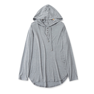 连帽针织人棉罩衫 春新款女装时尚连帽领三粒扣长袖薄款T恤33627