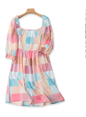 彩色格子连衣裙 夏新外贸女装时尚一字领七分袖褶皱套头中裙31733