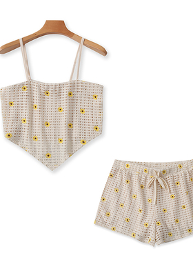 镂空刺绣时尚套装分开售夏新外贸女短款吊带抹胸+松紧腰短裤25207