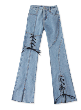 牛仔喇叭裤 春秋新款女时尚自然腰拉链纽扣绑带开叉弹力长裤32951