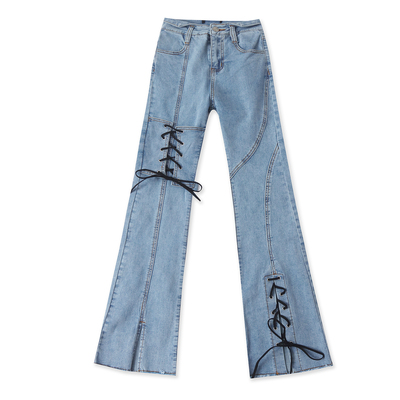 牛仔喇叭裤 春秋新款女时尚自然腰拉链纽扣绑带开叉弹力长裤32951