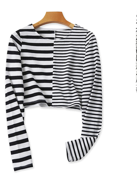 短款拼接T恤  春秋新外贸女装时尚修身圆领套头长袖显瘦T恤28273