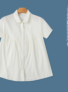 薄款棉纱衬衫 夏季新外贸女装时尚青春翻领单排扣短袖娃娃衫31128