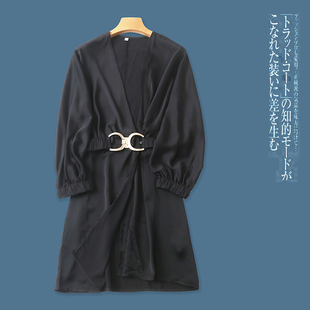 仿真丝连衣裙  春夏新款外贸女装V领长袖裹腰一粒扣开叉中裙28061