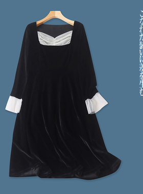 金丝绒连衣裙 秋季新女装时尚网纱拼接法式领套头长袖中长裙29947