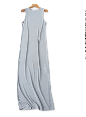 亮丝背心裙 春夏新款外贸女装时尚修身圆领套头包臀开叉长裙30972