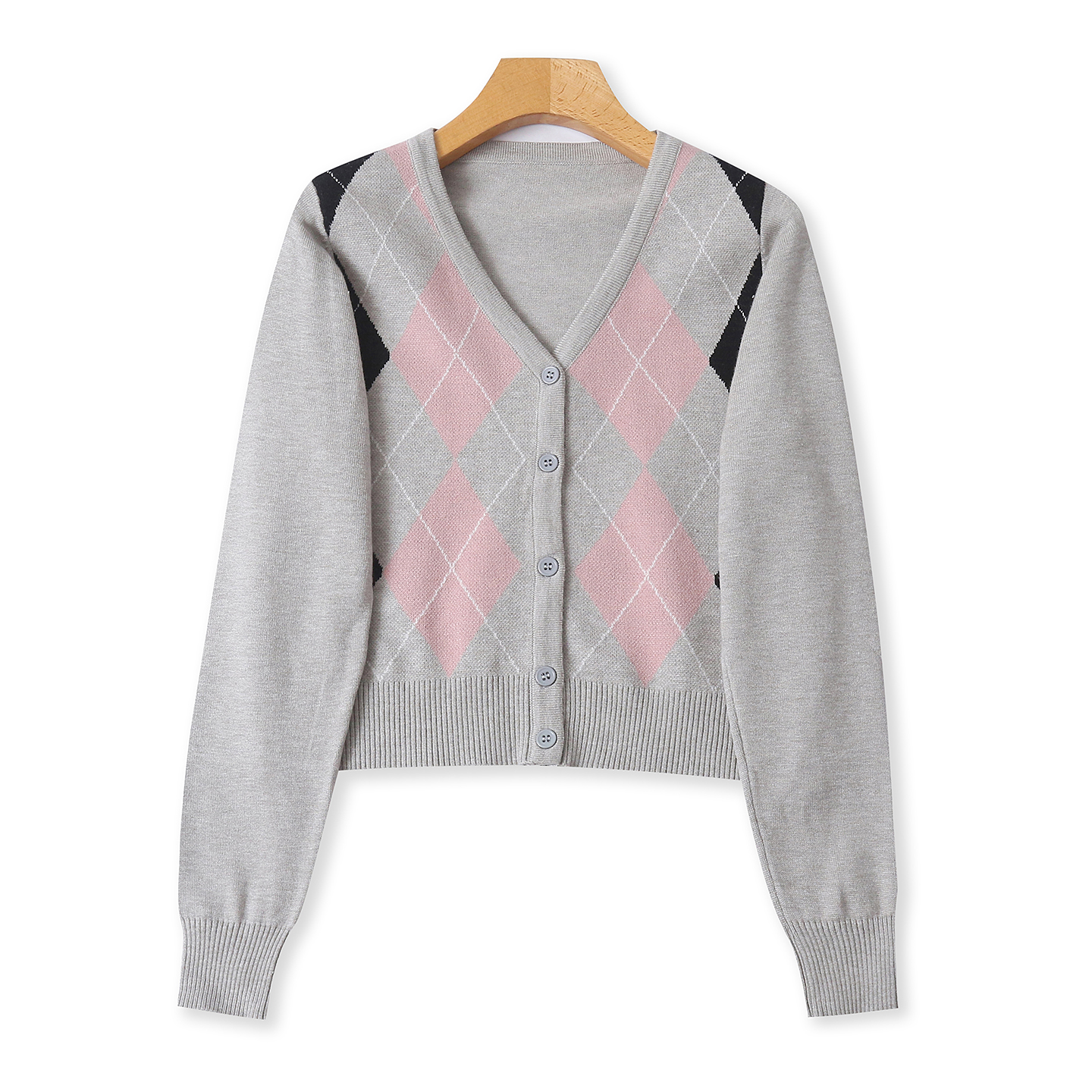 针织开衫毛衣  秋新款外贸女装V领单排扣长袖提花菱形格开衫32609