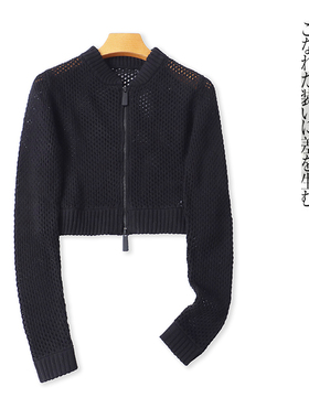 针织镂空开衫 夏秋新外贸女装时尚立领拉链长袖短款显瘦上衣31640