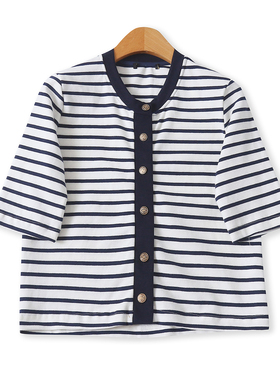 拼色条纹棉针织开衫  夏秋新款女装简约圆领单排扣短袖开衫32813