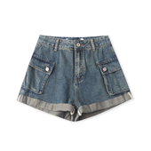 女时尚 水洗棉工装 新款 夏季 休闲高腰拉链纽扣阔腿33306 牛仔短裤