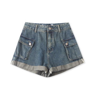 女时尚 水洗棉工装 新款 夏季 休闲高腰拉链纽扣阔腿33306 牛仔短裤