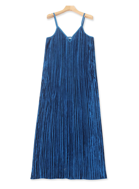 日单丝绒百褶吊带裙  春夏新款女装吊带可调节套头直筒长裙33447