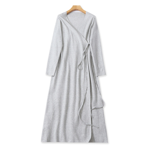 针织连衣裙  春秋新款外贸女装时尚V领套头长袖系带腰毛衣裙32880