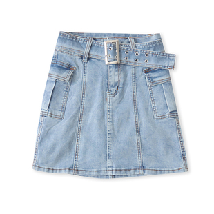 牛仔工装短半裙 夏季新款女装自然腰腰带配饰拉链纽扣包臀裙32982