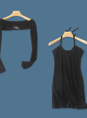 辣妹挂脖针织连衣裙  早秋新款性感一字露肩包臀短裙两件套27004