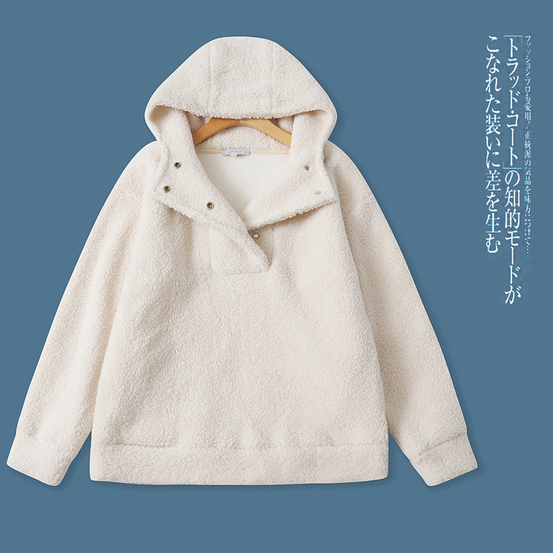 羊羔毛加绒加厚卫衣 冬新款外贸女装连帽套头长袖一体绒外套32415