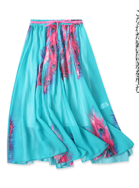 雪纺印花半身裙 夏季新款外贸女装时尚减龄松紧腰中长半身裙29588