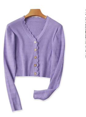 花边领短款针织开衫  春秋新款女时尚修身V领单排扣长袖开衫27841