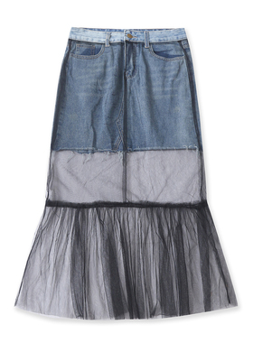 网纱拼牛仔半身裙  夏季新款外贸女装自然腰拉链纽扣中长裙32563