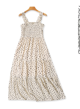 人棉印花背带裙 夏新外贸女时尚花边背带松紧褶皱拼接中长裙31672