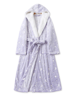 毛绒中长款浴袍 男女款 秋冬新外贸连帽领系带腰双口袋睡袍32450