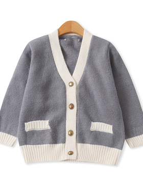 拼色短袖毛衣 秋季新款外贸女装时尚青春V领单排扣显瘦开衫32770