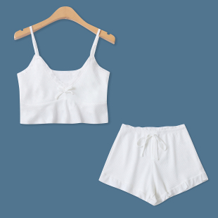 松紧腰阔腿木耳边短裤 露脐荷叶边吊带 夏新外贸女33726 套装 时尚