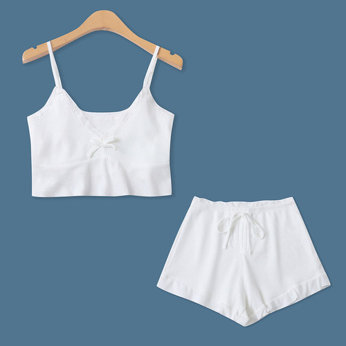 时尚套装  露脐荷叶边吊带+松紧腰阔腿木耳边短裤夏新外贸女33726