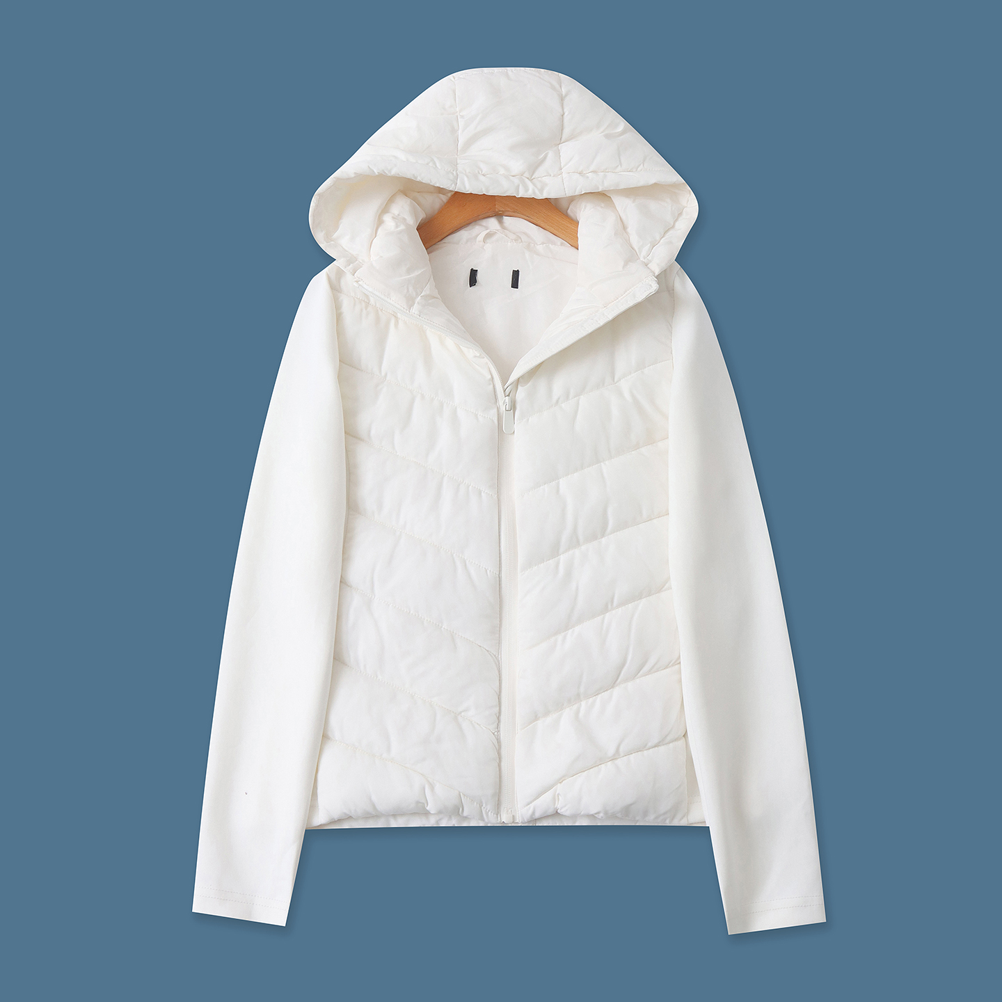 空气层拼接轻薄棉衣 秋冬新款外贸女修身连帽领拉链长袖口袋33090