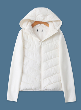 空气层拼接轻薄棉衣 秋冬新款外贸女修身连帽领拉链长袖口袋33090