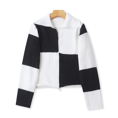拼色开衫毛衣  春秋新款女外贸装时尚翻领拉链长袖格子毛衣32865