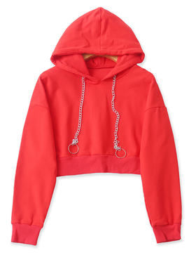 棉混纺卫衣 春秋新款外贸女装时尚连帽领金属链装饰套头长袖33516