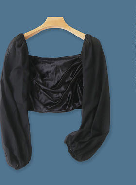 短款丝绒小衫  秋季新款外贸女装法式方领雪纺拼接泡泡长袖26787