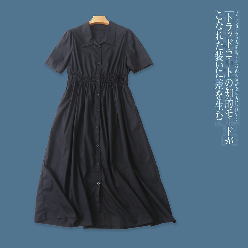 短袖衬衫裙 夏新女时尚修身翻领单排扣泡泡短袖松紧腰连衣裙28025