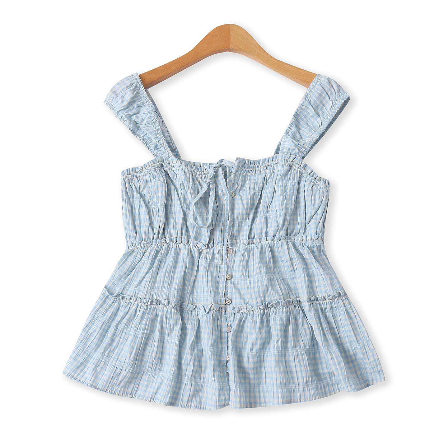 撞色格子娃娃衫  夏季新款外贸女装单排扣系带木耳边褶皱拼32739