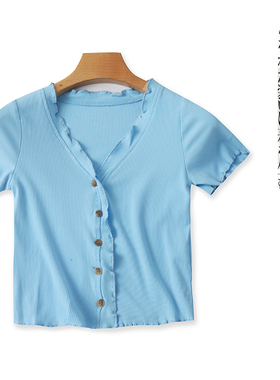 针织T恤  夏新外贸女修身V领单排扣短袖木耳边短款开衫上衣28178