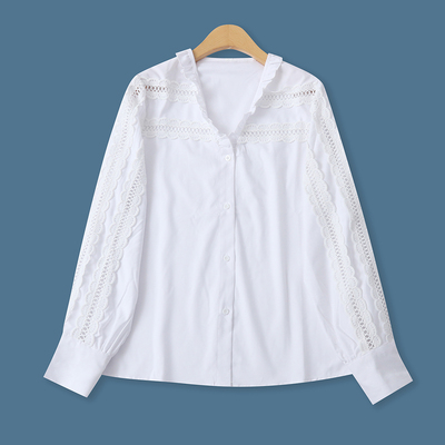 木耳边刺绣拼蕾丝镂空衬衫