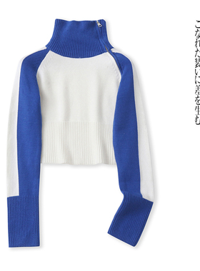 拼色毛衣  秋季新款外贸女装时尚半拉链斜翻领套头长袖短款32104