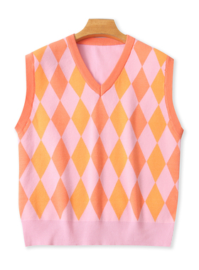 学院风毛衣马甲 秋季新外贸女装V领套头撞色菱形格针织背心32576