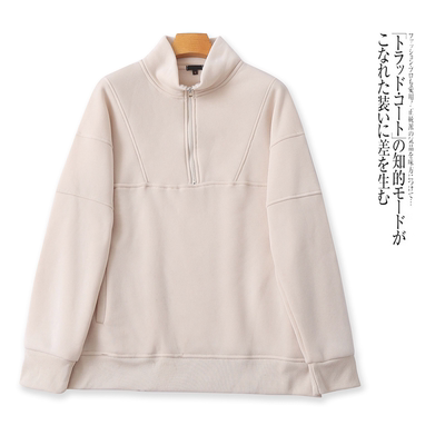 加绒卫衣 秋季新款外贸女装半开领拉链套头长袖口袋休闲卫衣32127